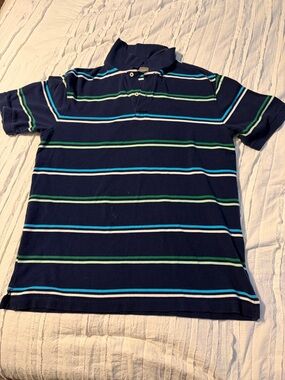 Merona Navy Polo with Green and Light Blue Stripes